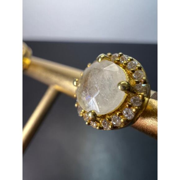 Rainbow moonstone halo stud gold over silver earrings - Picture 4 of 11